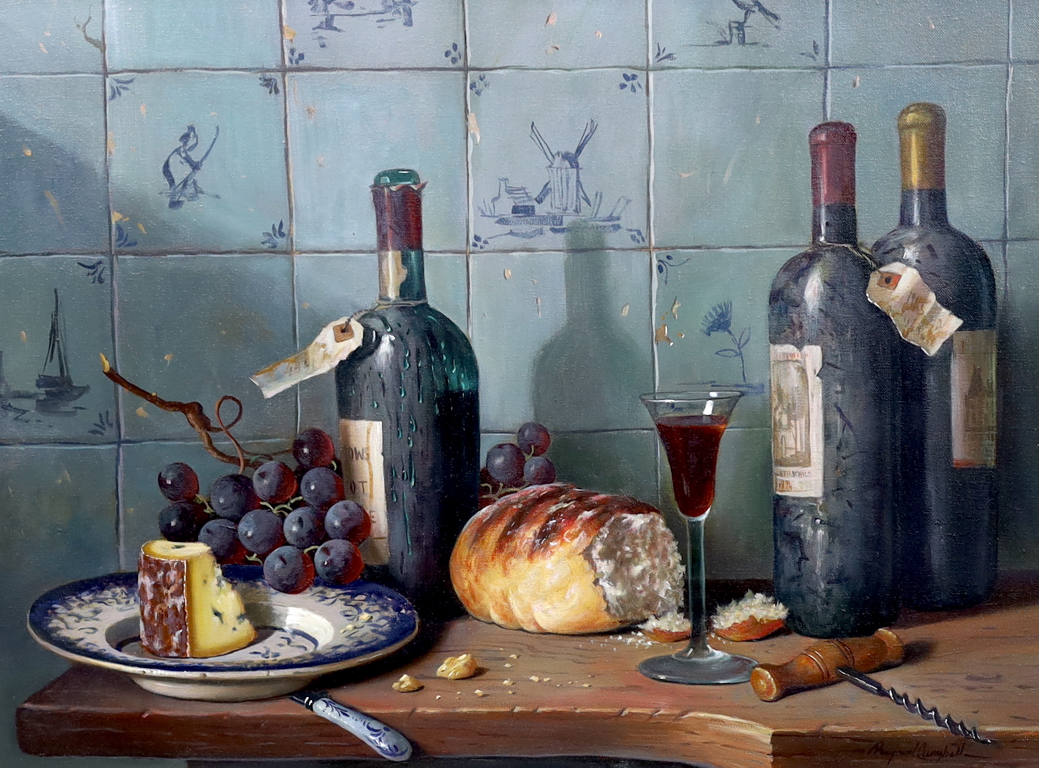 Raymond Campbell (English, b.1956), Still life of claret, cheese and grapes upon a ledge with delft tiles beyond, oil on canvas, 45 x 60cm